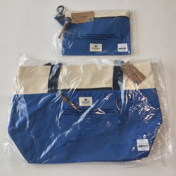 NWT Sperry Large Tote Bag & Pouch Set Canvas Blue & Natural - Picture 12 of 14